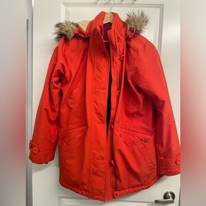 Lands' End Vibrant Red Ski Jacket with Faux Fur Hood